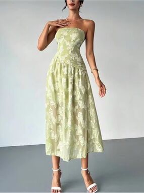 Strapless Green Lace-Overlay Midi Dress